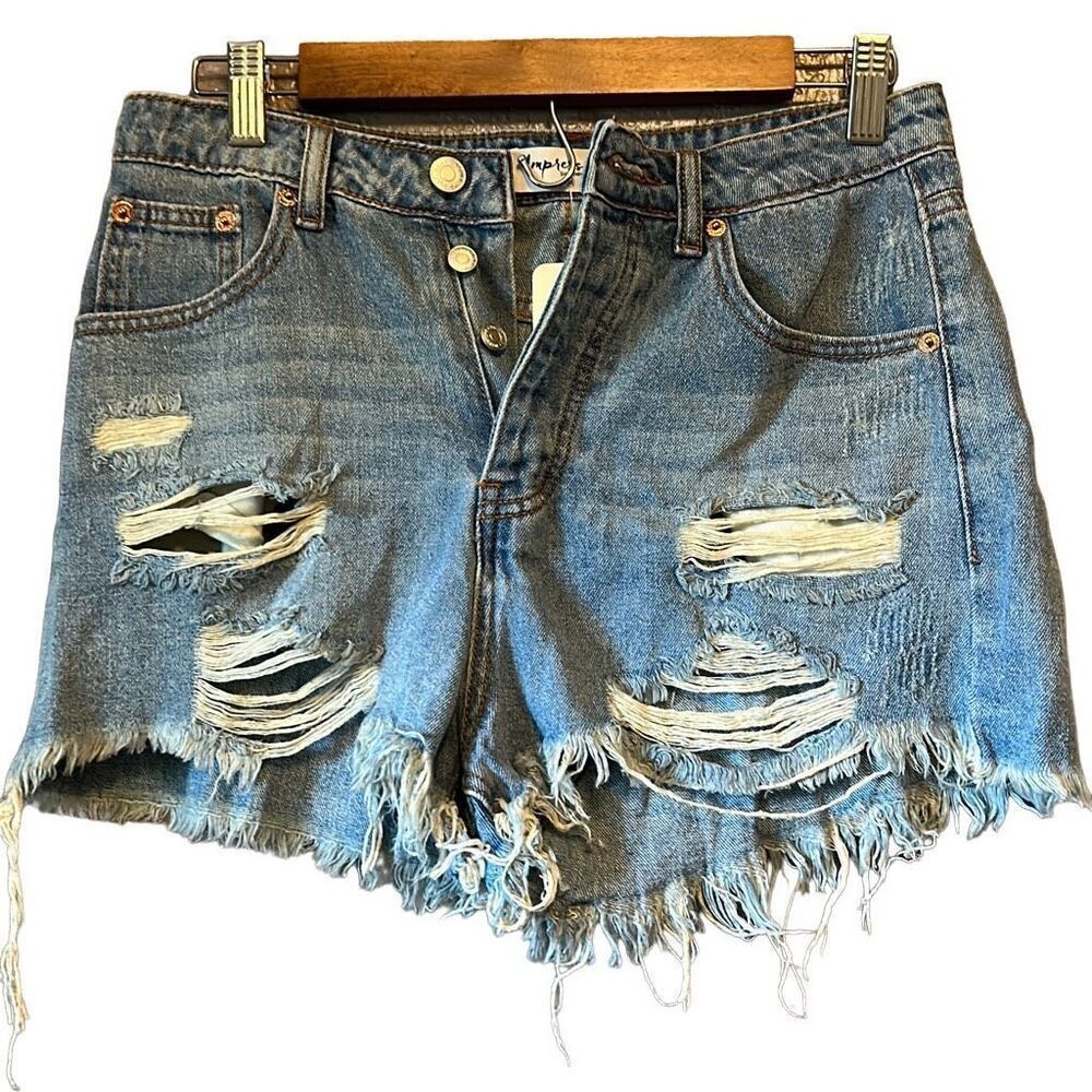 Impressions Distressed Denim Shorts Medium Ripped Frayed Raw Hem Blue